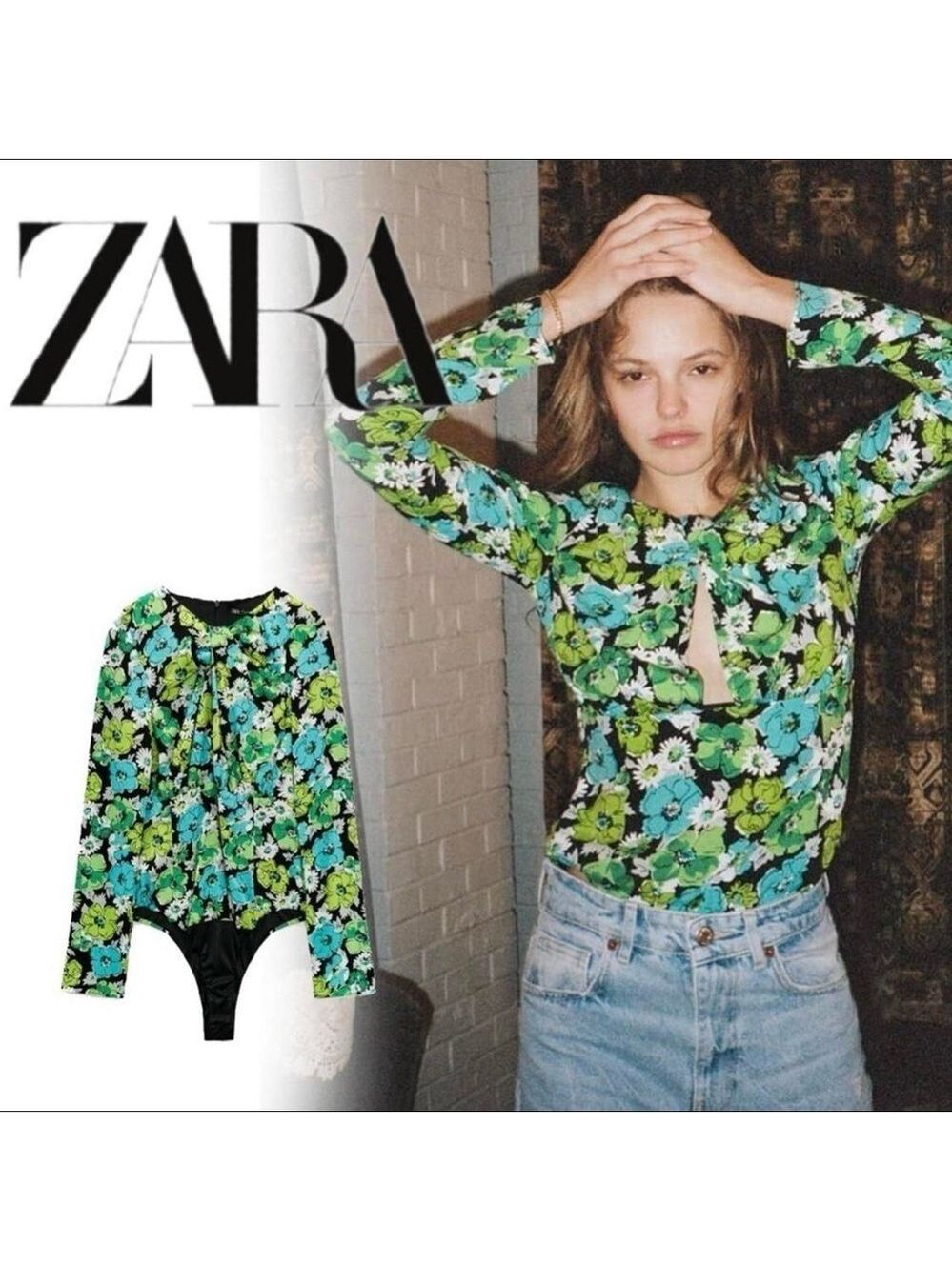 Zara blue green floral flower long sleeve cutout pleated bodysuit NWT